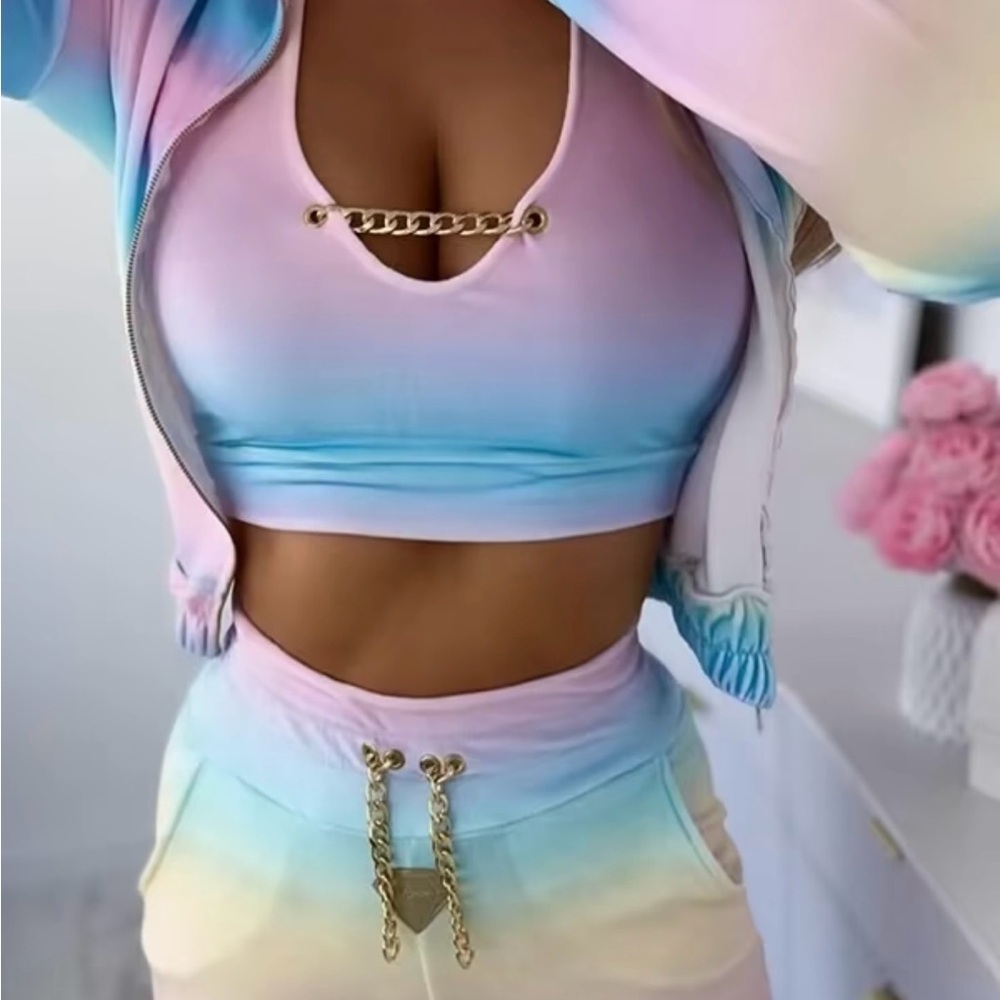 Gold Link Chain Ombre Matching 3 Piece Women’s Velvet Tank Top Velour Tracksuit - Picture 7 of 9
